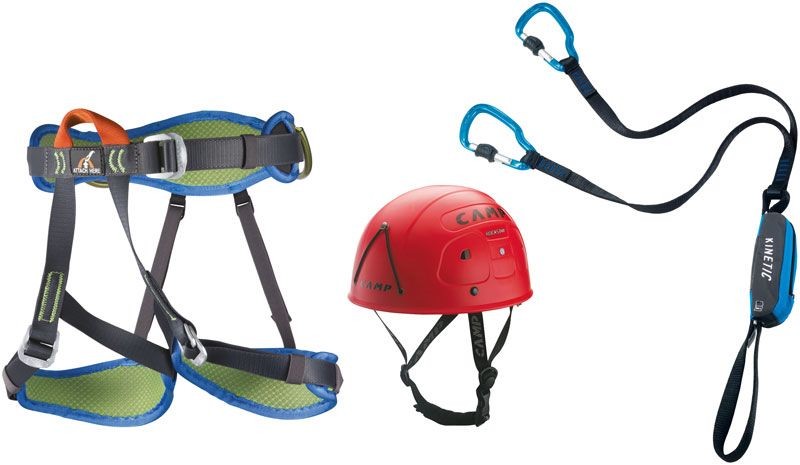 Vía Ferrata, Material, Disipadores, Mosquetones, Arnés, Casco, Guantes
