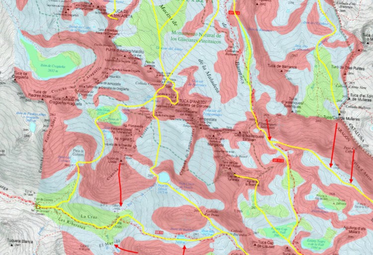 Mapa ATES de los macizos Maladeta-Aneto. Foto: Montañas Seguras
