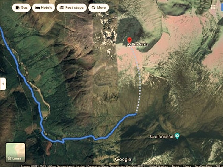 Ruta de ascenso indicada por Google Maps al Ben Nevis. Foto: Mountaineering Scotland