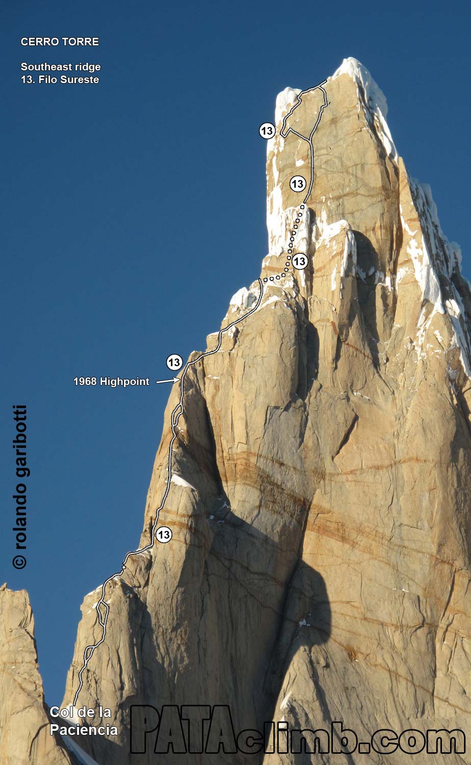 Croquis del filo sureste, Cerro Torre. Foto: Rolando Garibotti, pataclimb.com